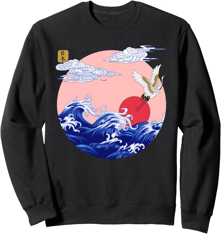 Japanische Vintage-Linien-Kranich Die grosse Welle vor Kanagawa Sweatshirt