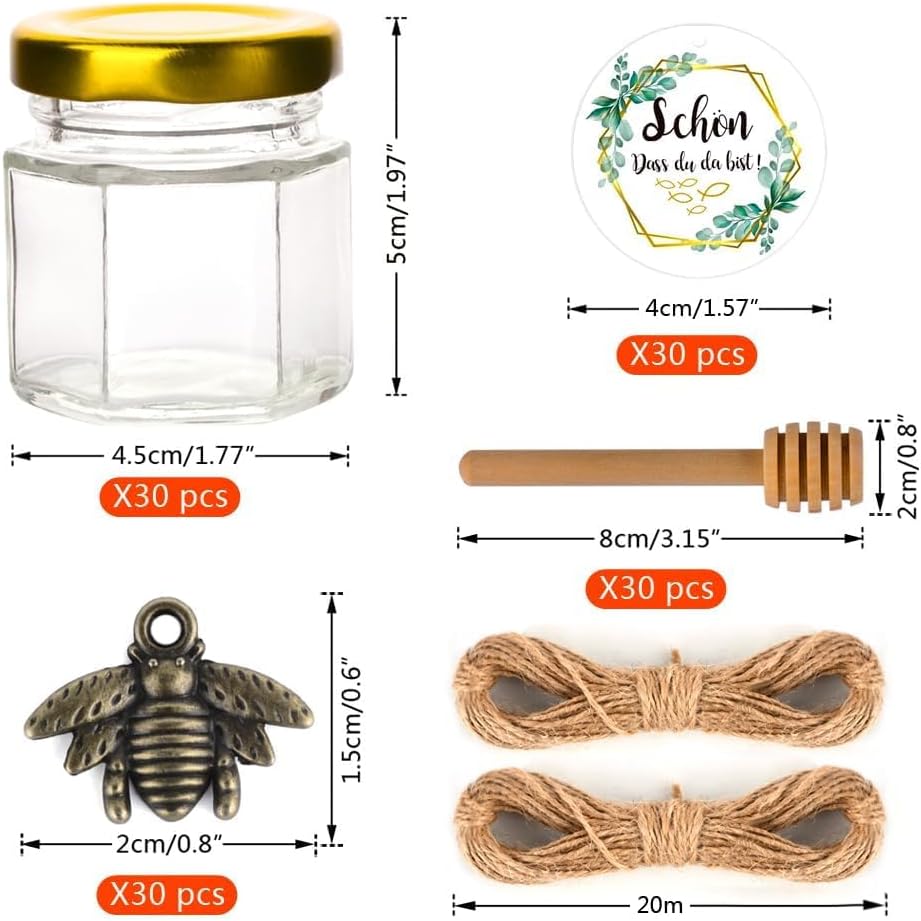 30er Mini Honiggläser 45ml Set, Gastgeschenke Hochzeit, Honiggeschenke für Muttertag, Konfirmation,