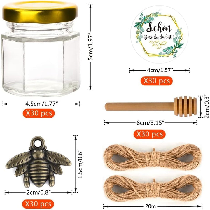 30er Mini Honiggläser 45ml Set, Gastgeschenke Hochzeit, Honiggeschenke für Muttertag, Konfirmation,