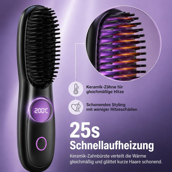 Stylingbürste für Kurze Haare,Glättbürste Kabellos mit LED Anzeige,Glättungskamm verhindert Haarzieh