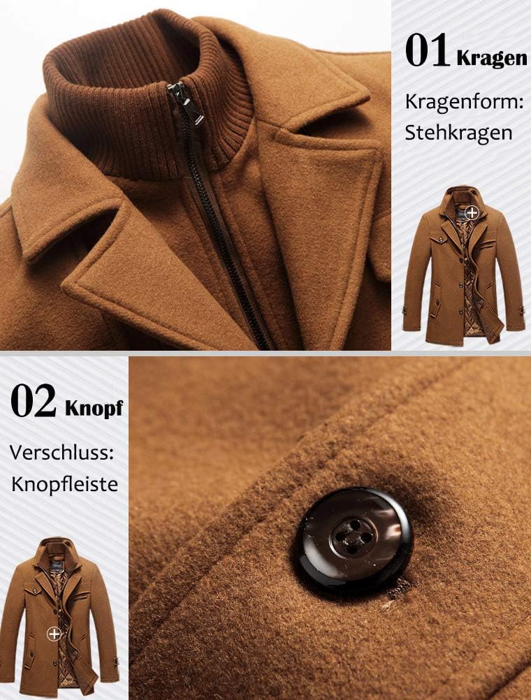 Lavnis Herren Warm Wollmantel Stehkragen Wintermantel Kurzmantel Winter Jacke Business Freizeit M St