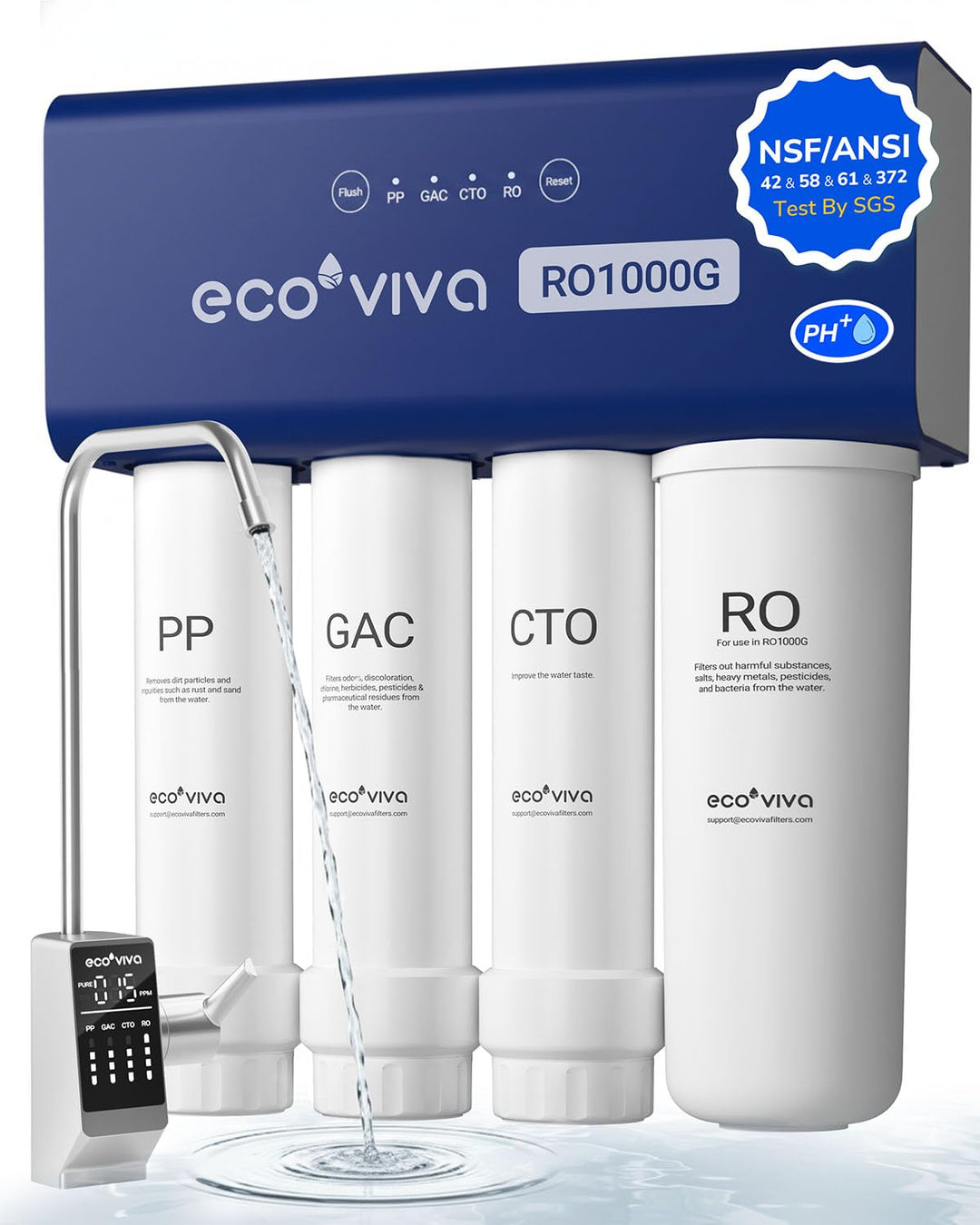 Ecoviva RO1000G Untertisch Osmoseanlage Umkehrosmoseanlage Trinkwasser mit Alkalisierung Wasser, Hoh
