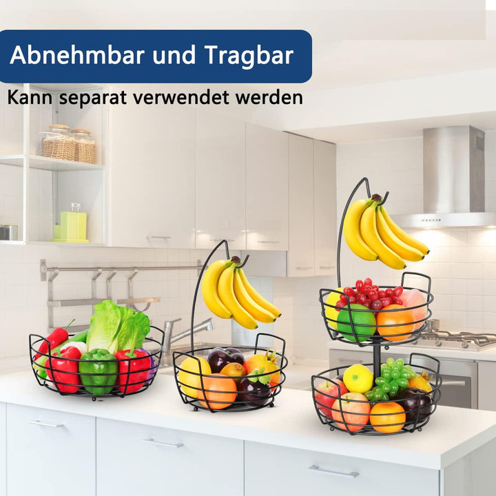 Obstkorb 2 Stöckig mit Bananenhaken - Metall Obststaender für die Arbeitsfläche - Küche Deko Obstsch