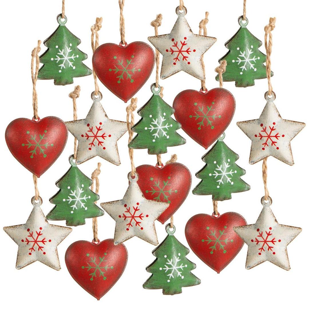 Baumschmuck Weihnachten Herz Stern Baum, 18er Set, grün rot weiss, Weihnachtsbaumanhänger aus Metall
