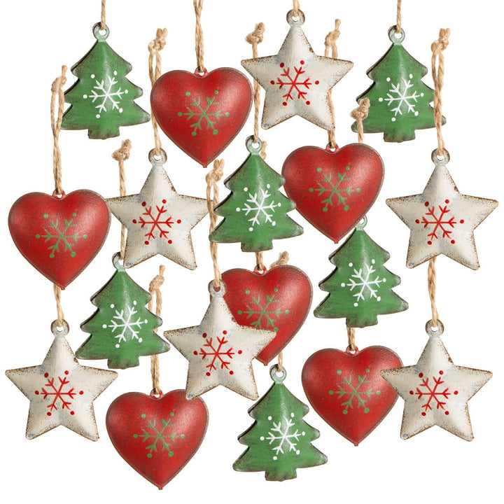Baumschmuck Weihnachten Herz Stern Baum, 18er Set, grün rot weiss, Weihnachtsbaumanhänger aus Metall