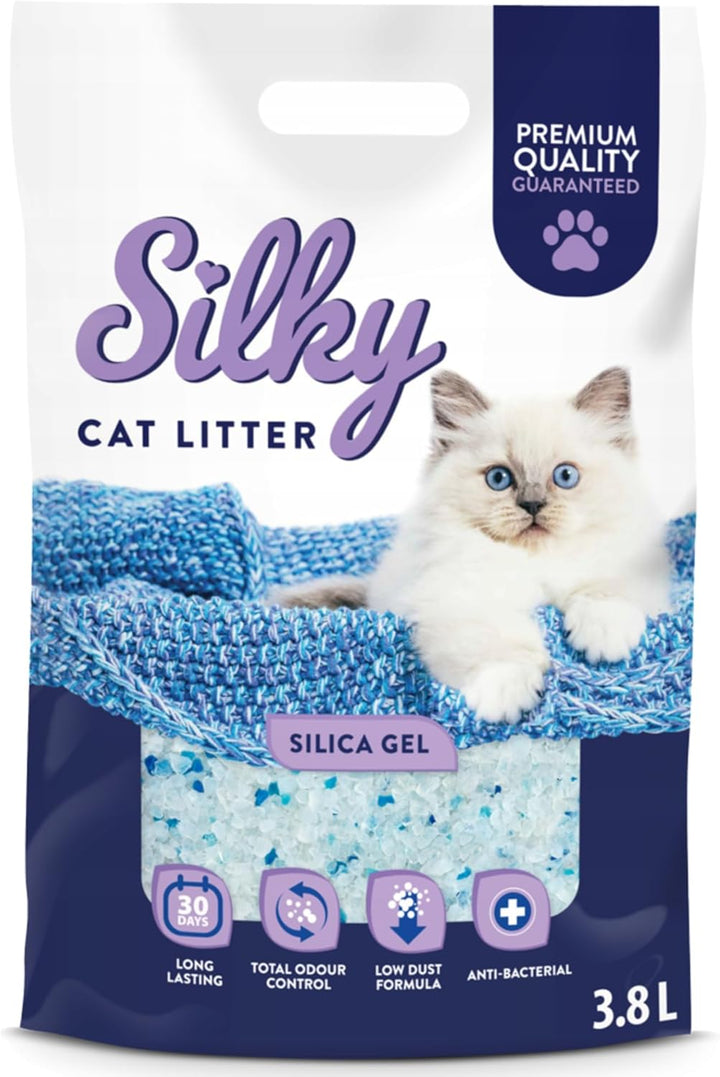 Silikat-Katzenstreu | Silky Silikatstreu 3,8L | Hervorragende Geruchskontrolle, Staubfrei, Bakterien