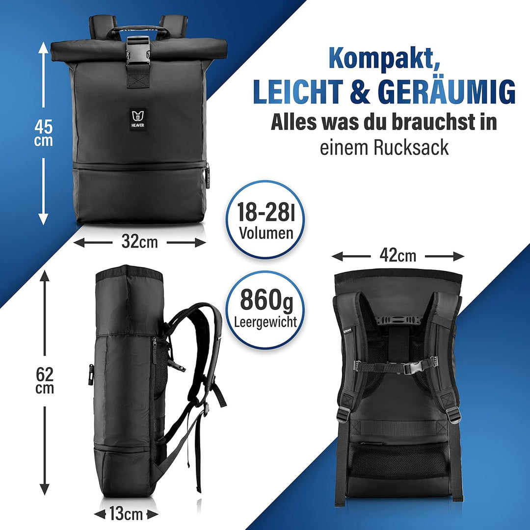 HEAVER® Rucksack Rolltop schwarz mit Schuh- und Laptopfach, für Damen und Herren, Flexibles Volumen