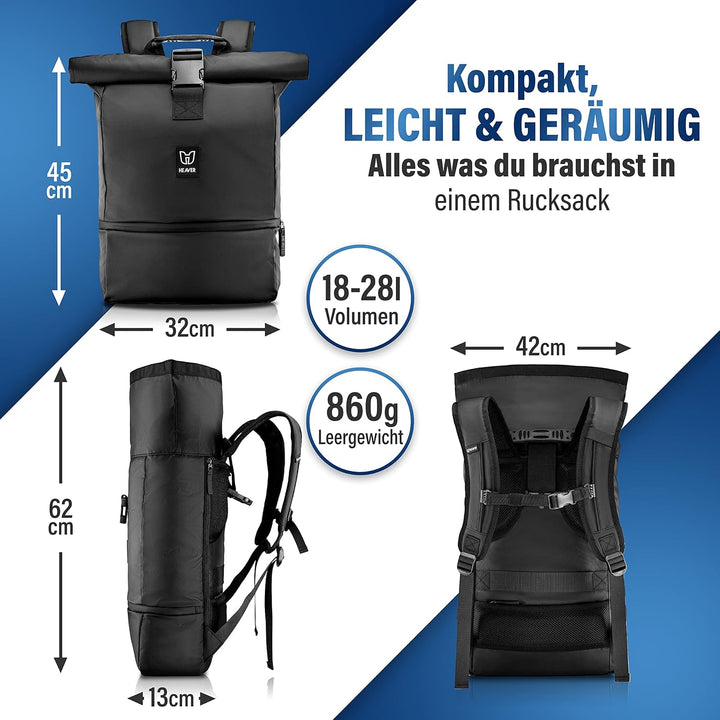 HEAVER® Rucksack Rolltop schwarz mit Schuh- und Laptopfach, für Damen und Herren, Flexibles Volumen