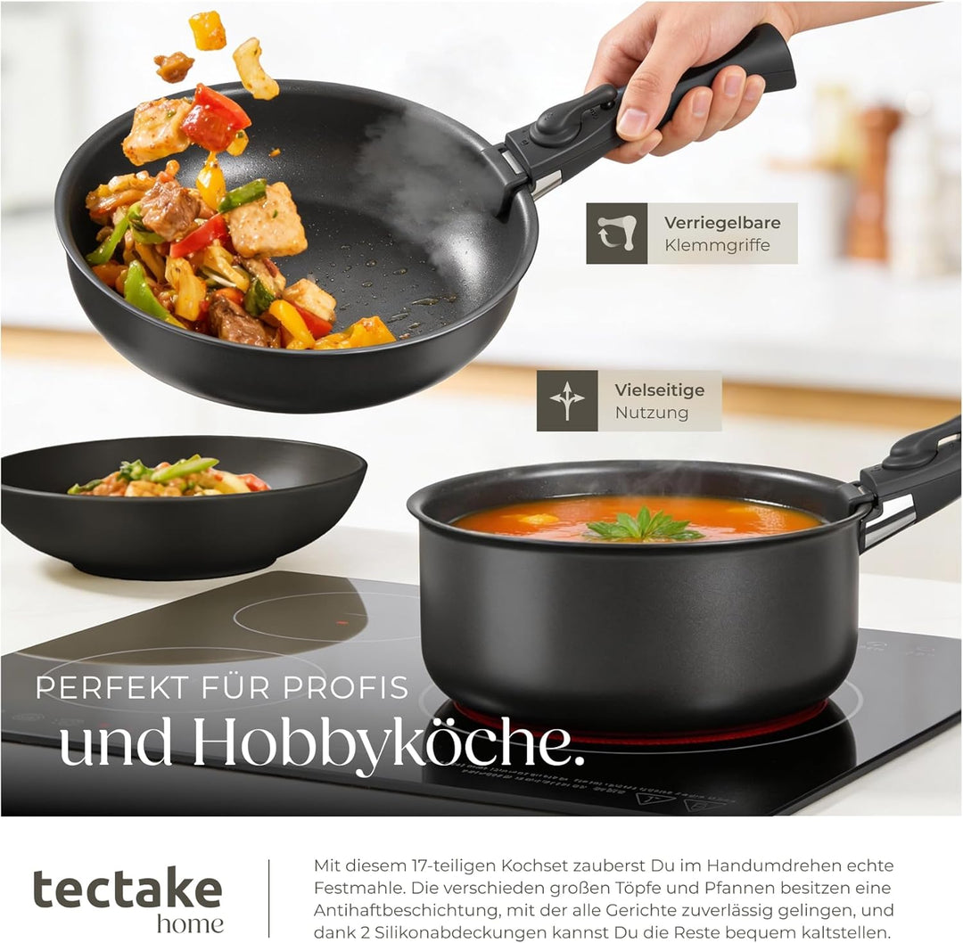 tectake® 41-tlg. Küchenstarterset, Steingut Geschirrset 6 Personen, Teller Set, 2x Kochtopf, 4x Brat