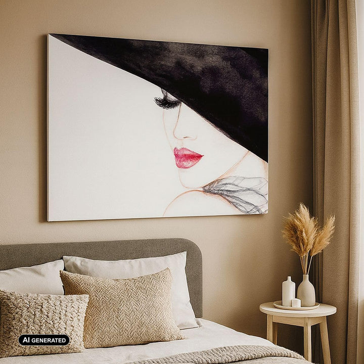 Bilder auf Leinwand 100x70cm Leinwandbild Frau Lippen Hut Eleganz Gross Wanddeko Bild Schlafzimmer K