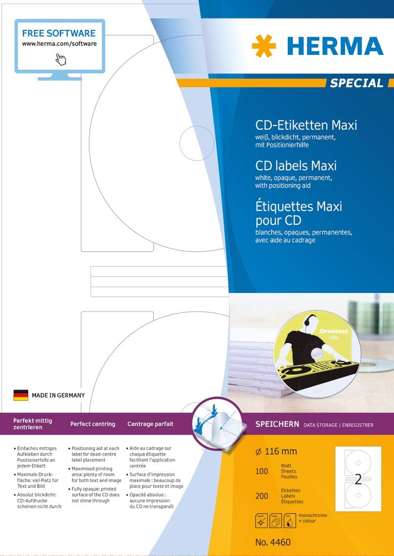 HERMA 4460 CD DVD Etiketten inkl. Zentrierhilfe blickdicht, 100 Blatt, Ø 116 mm MAXI, 2 Stück pro A4