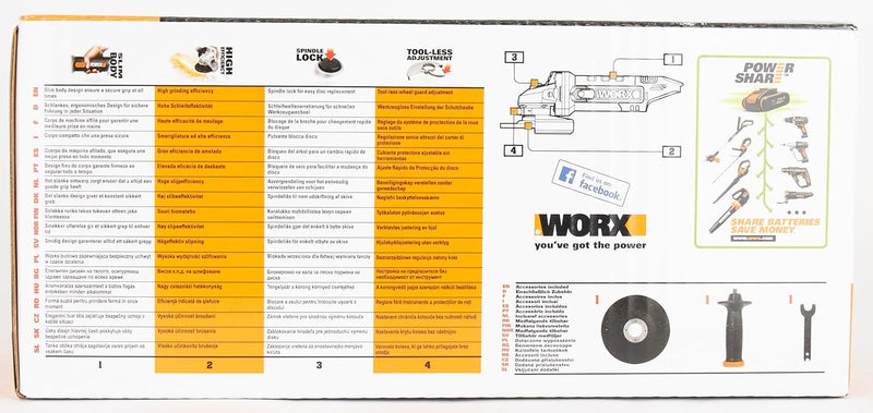 WORX WX800.9 Li-Ion Akku-Winkelschleifer 20V – Kompakter Schleifer mit schmalem Körper & Zusatzhandg