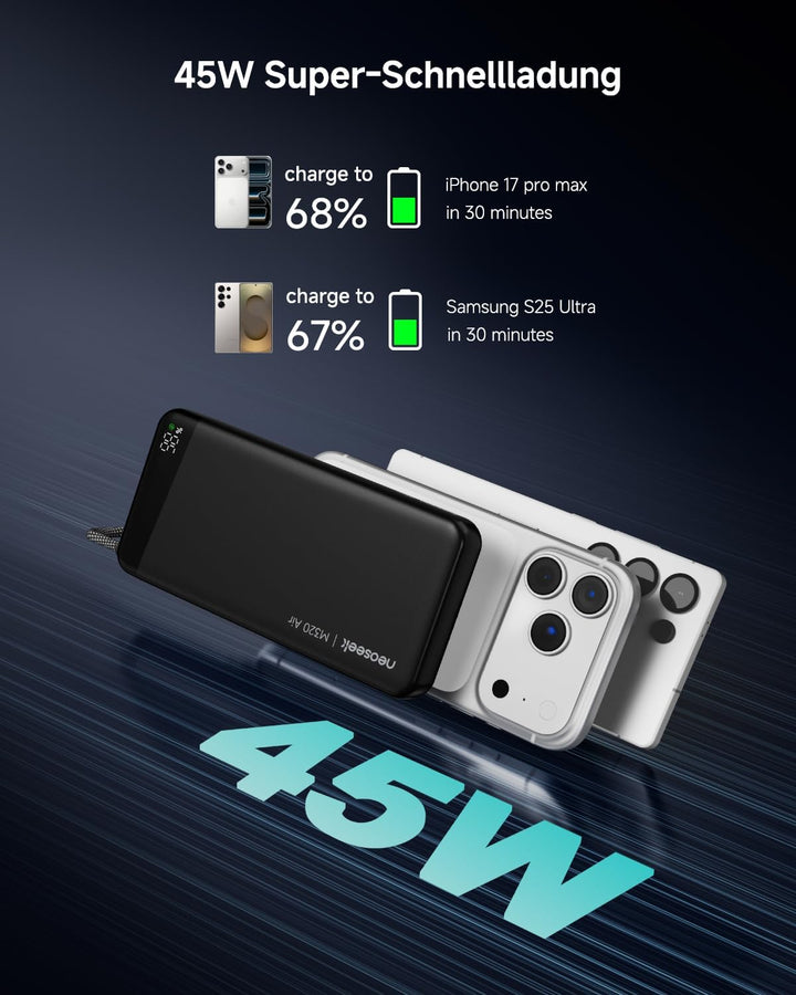 Power Bank, 20000mAh 45W Schnellladen mit Integriertem USB-C Kabel, Externe Handyakkus Kompatibel mi