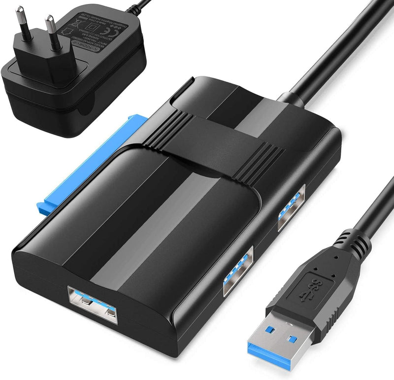 ABLEWE SATA auf USB 3.0 Adapter, 2,5 Zoll / 3,5 Zoll Festplattenadapter mit 3 USB 3.0 Ports für Univ