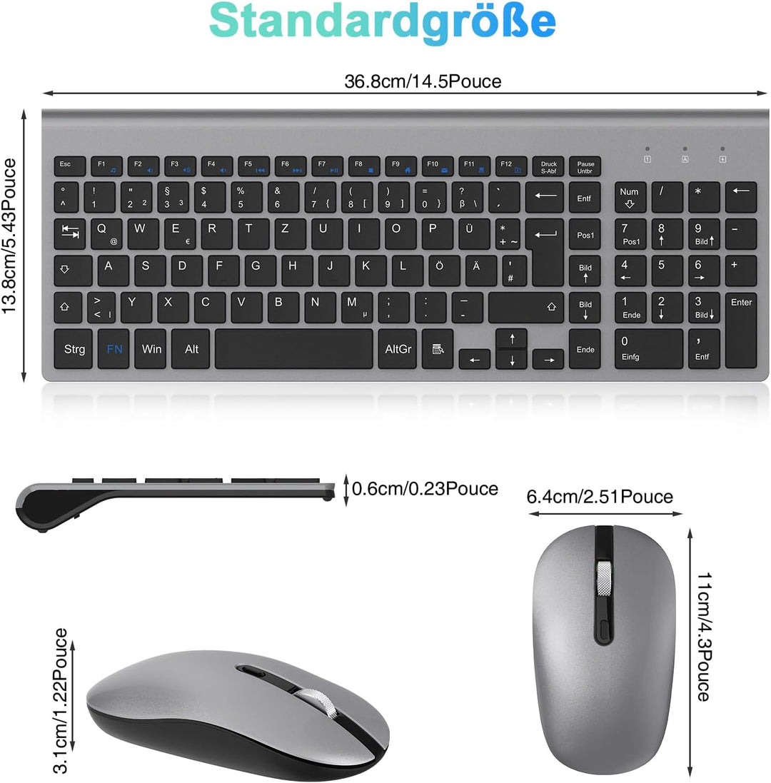 cimetech Tastatur Maus Set Kabellos, 2.4G Ultraslim Tragbare Funktastatur mit Maus Tastatur QWERTZ L