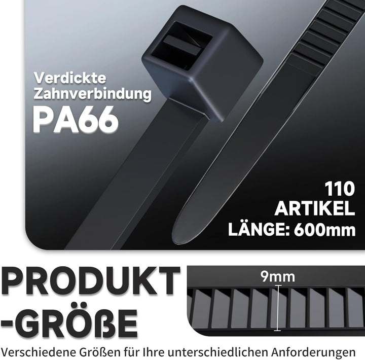 ZENIX Kabelbinder Schwarz 9mm x 600mm, 110 Stück Kabelbinder UV Beständig lang, Schwarze Binder mit
