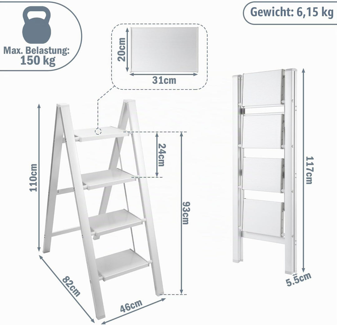 4 Stufen Leiter Aluminium Klappleiter, Klappbar Leichte Stehleiter, Trittleiter 4 Stufen, rutschfest