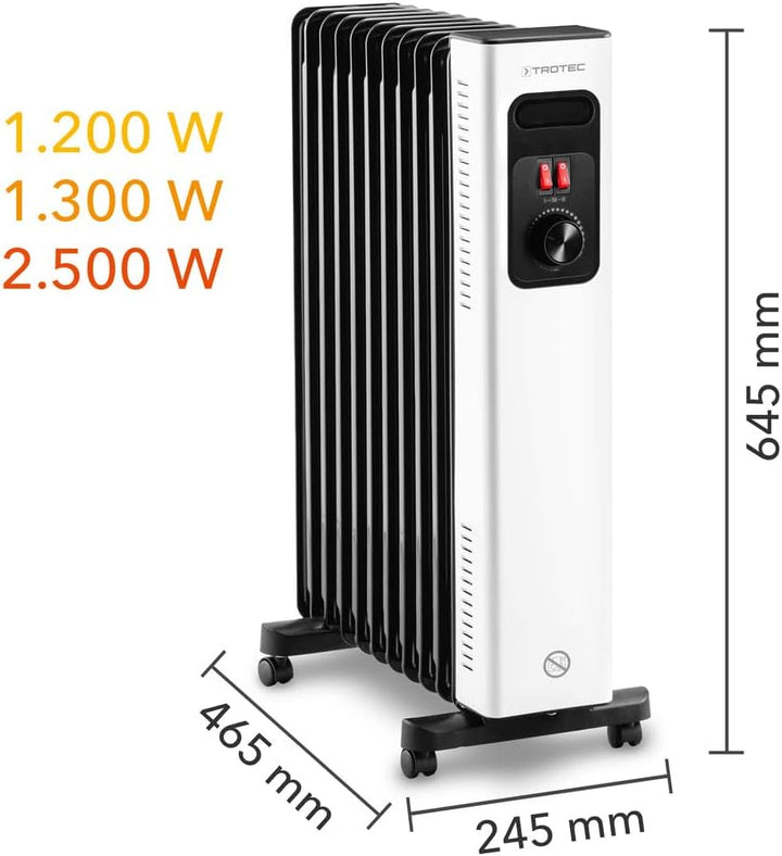 TROTEC Ölradiator TRH 27 E – Heizleistung 1200 W / 1300 W / 2500 W – Elektro Heizkörper, 11 Rippen,