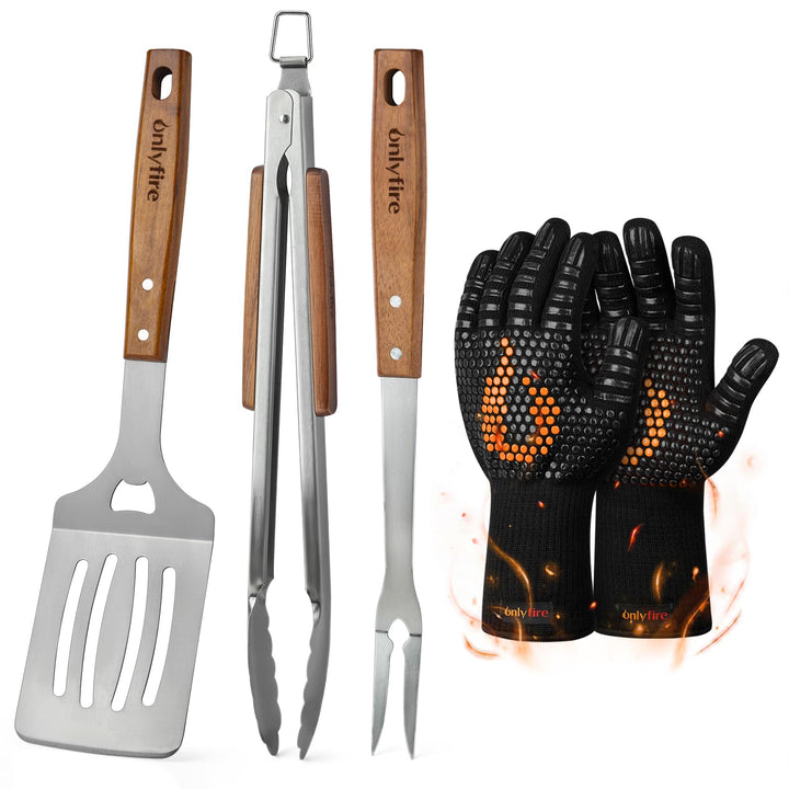 onlyfire BBQ Grillbesteck Set, Enthält Grillzange, Grillwender, Fleischgabel und Grillhandschuhe, Ed