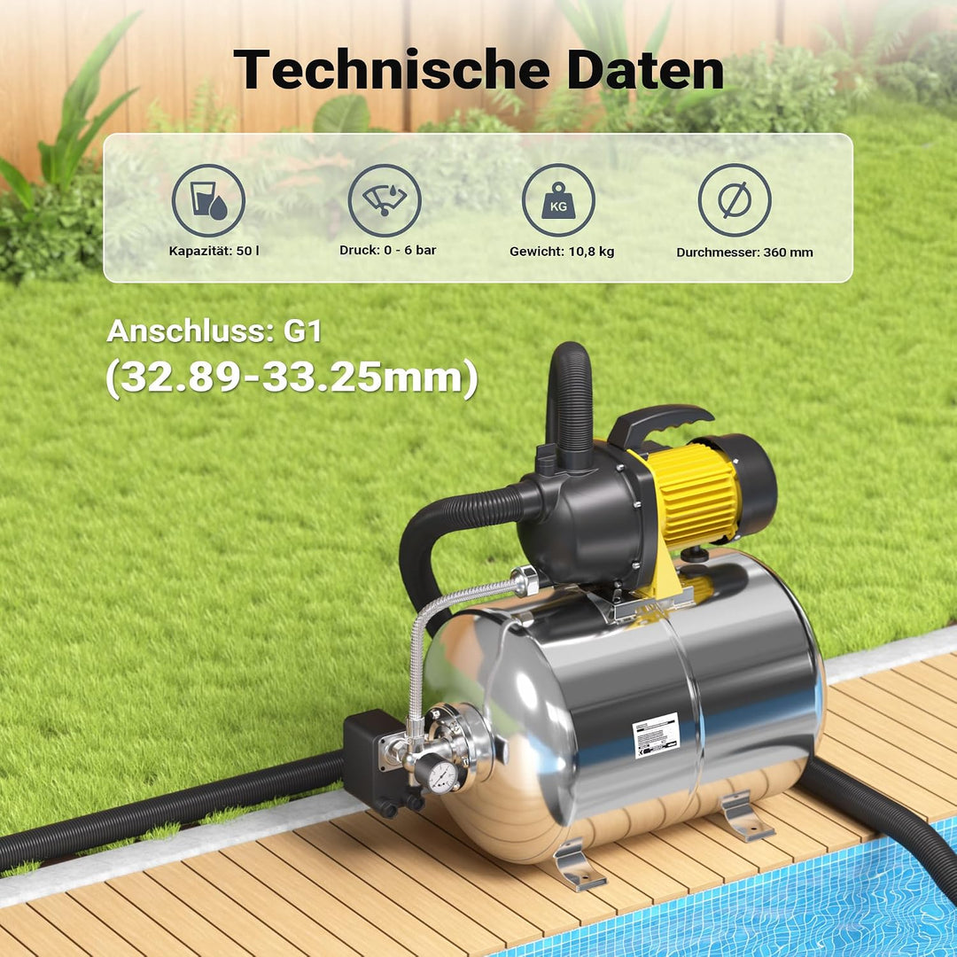 Wiltec Edelstahl Ausdehnungsgefäss 50 Liter, horizontaler Membrankessel für Hauswasserwerke und Druc
