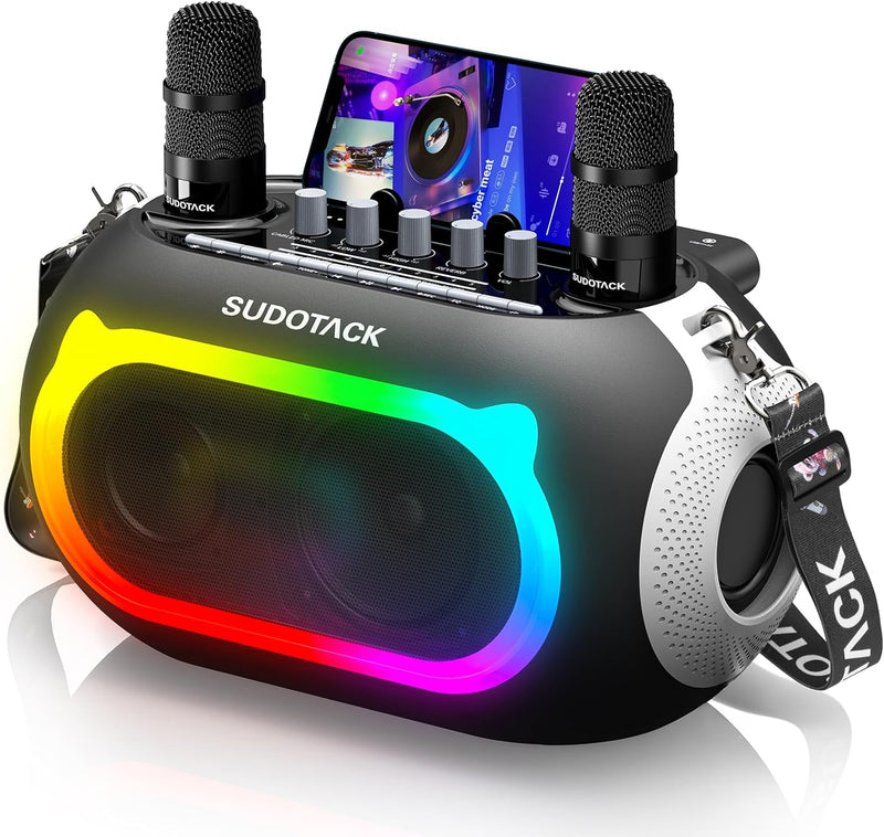 SUDOTACK Karaoke Maschine mit 2 Kabellose Mikrofone,Bluetooth Lautsprecher Box mit Bass-/Höhen-Einst