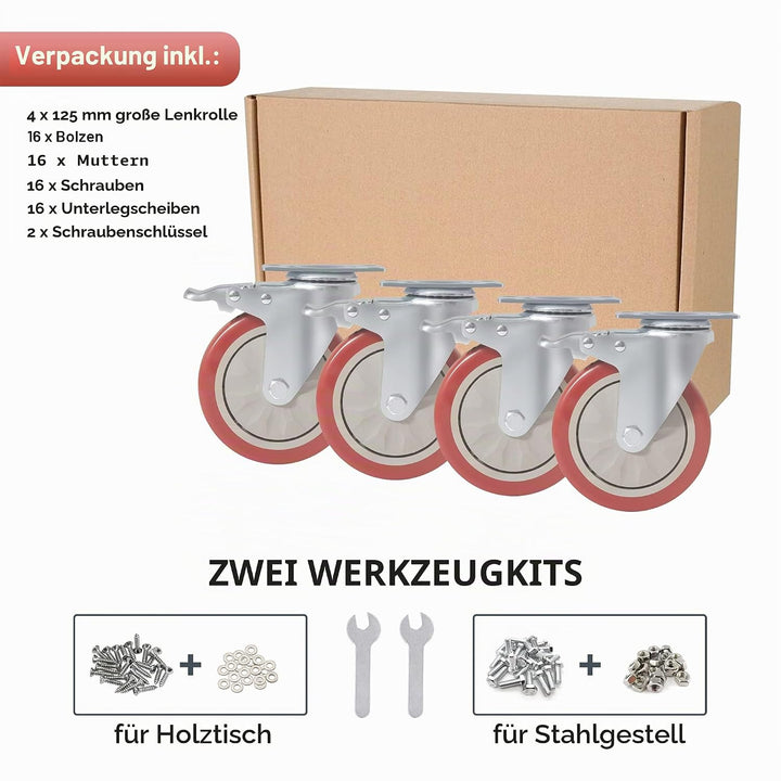 BAOLIHUI 4er Set Lenkrollen für Möbel 125MM Möbelrollen mit Bremse Schwerlastrollen 800kg Rot Rollen