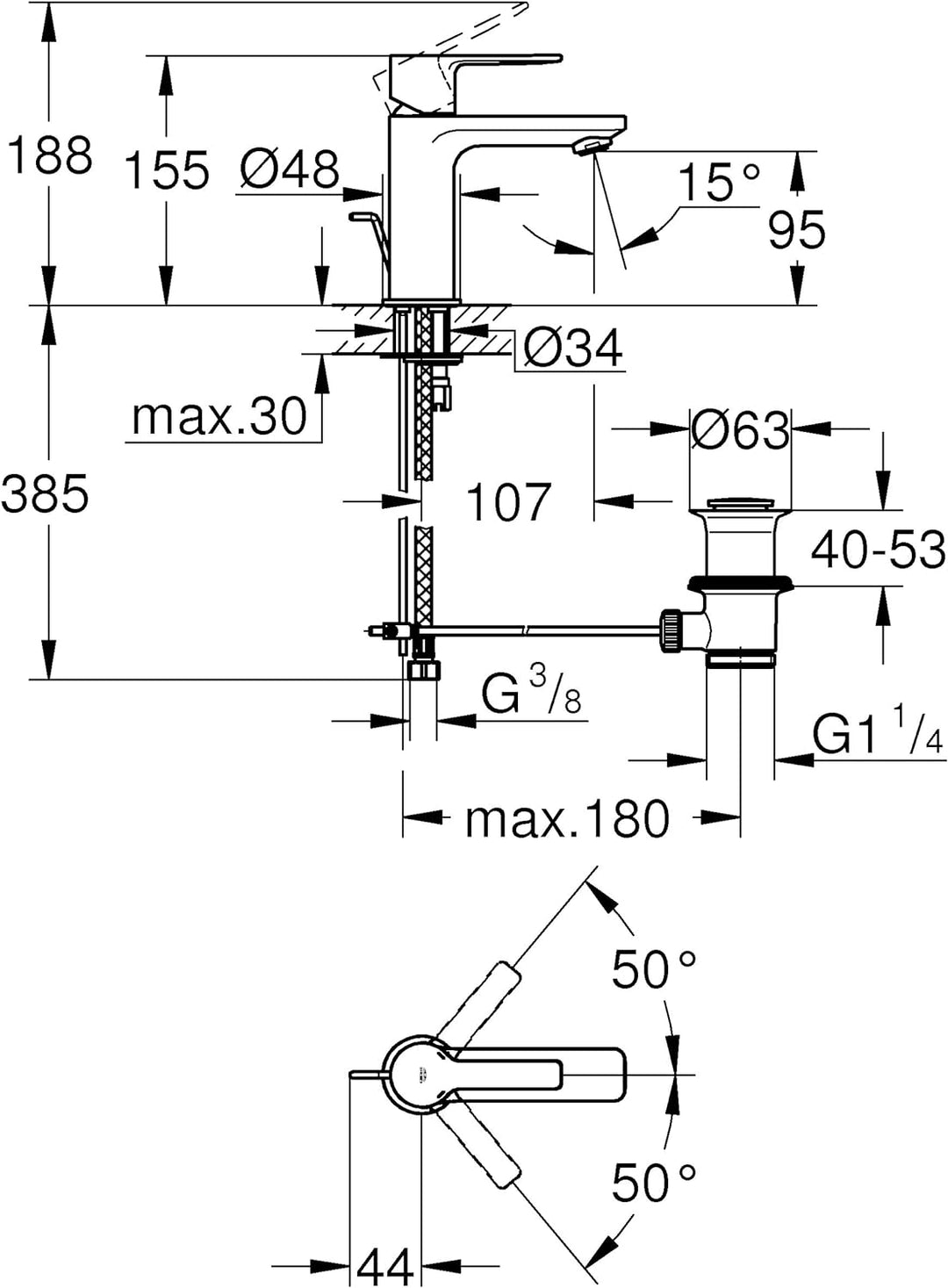 GROHE Lineare Badarmaturen - Einhand-Waschtischbatterie (DN 15 XS-Size, Einlochmontage) chrom, 32109