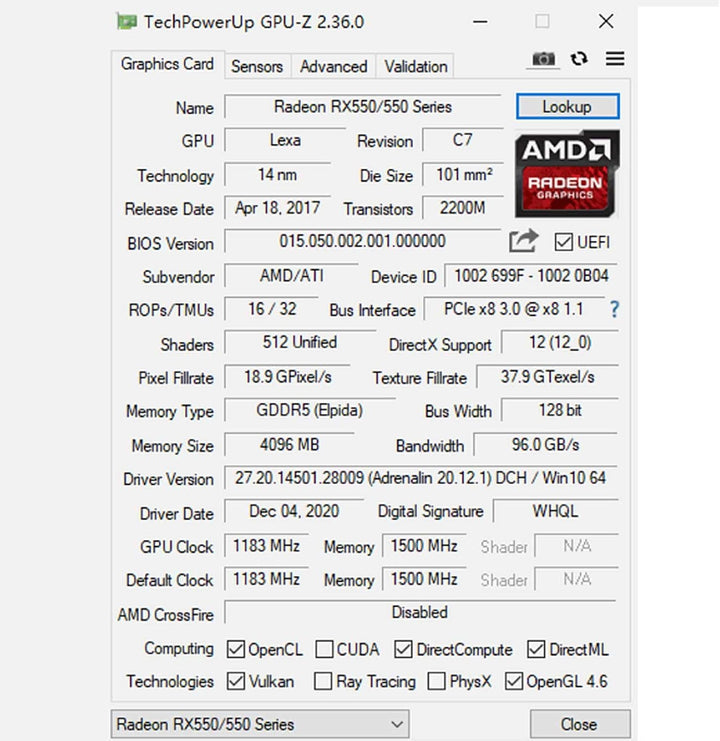 SAPLOS Radeon RX 550 Low Profile Grafikkarte, 4GB GDDR5 128-bit, VGA DVI-D HDMI, 4K Anzeige, PC Vide