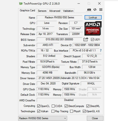 SAPLOS Radeon RX 550 Low Profile Grafikkarte, 4GB GDDR5 128-bit, VGA DVI-D HDMI, 4K Anzeige, PC Vide