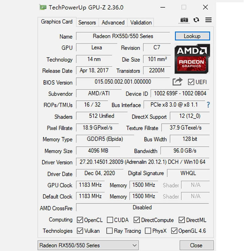 SAPLOS Radeon RX 550 Low Profile Grafikkarte, 4GB GDDR5 128-bit, VGA DVI-D HDMI, 4K Anzeige, PC Vide
