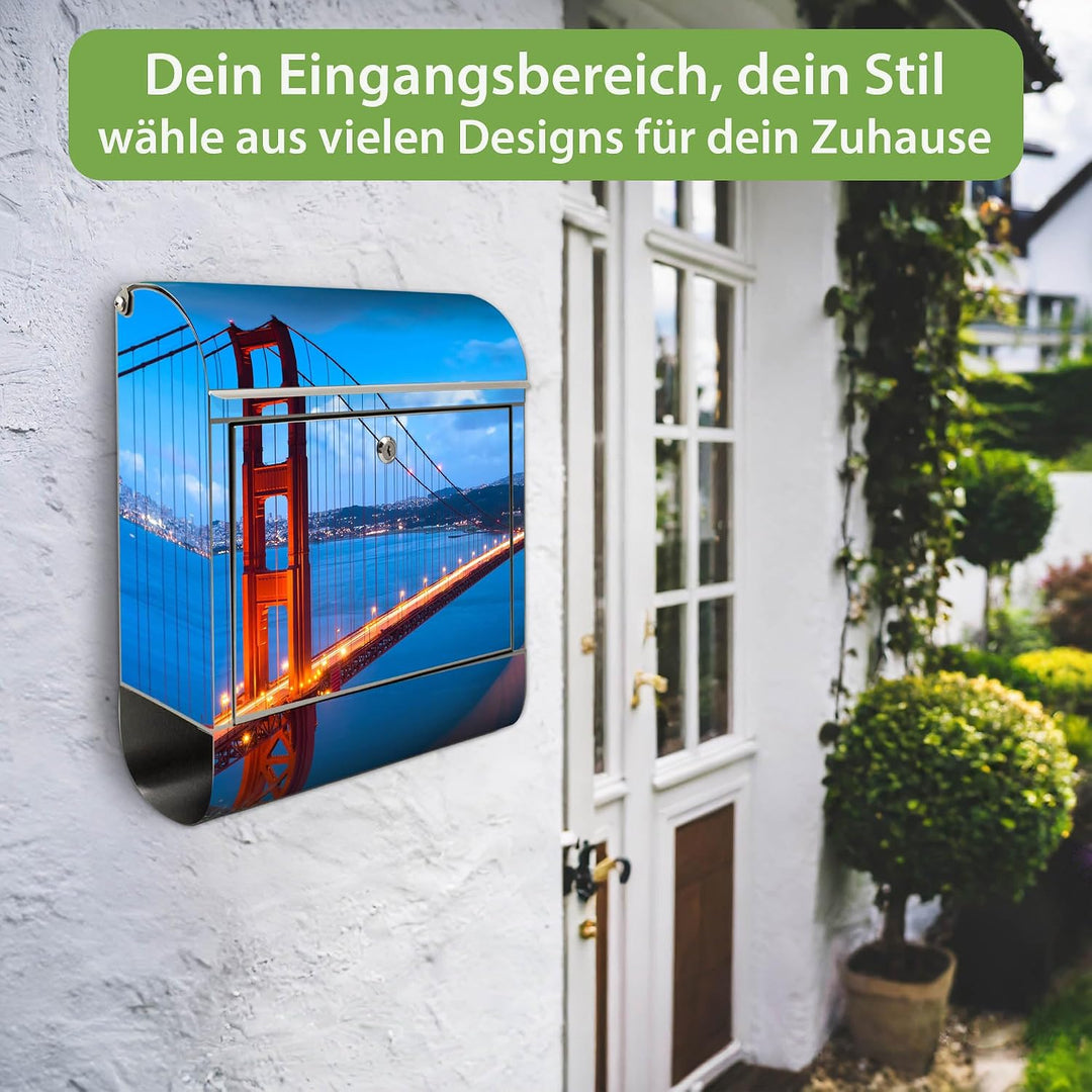 banjado® Briefkasten Edelstahl mit Motiv Golden Gate Bridge 38x43x12cm &amp; 2 Schlüssel - rostfreier Ed