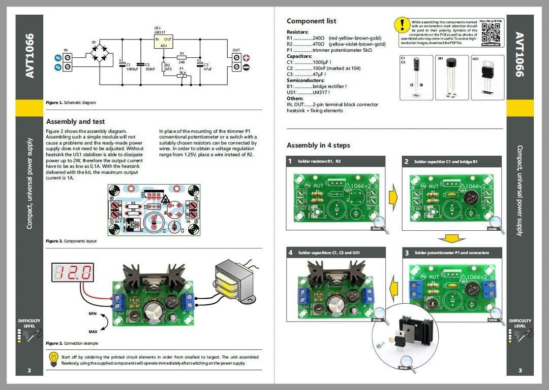 AVT1066 KIT DIY, Mini-Universalnetzteil mit LM317, Elektronik Bauset zum Löten, Trainieren, Lernen,