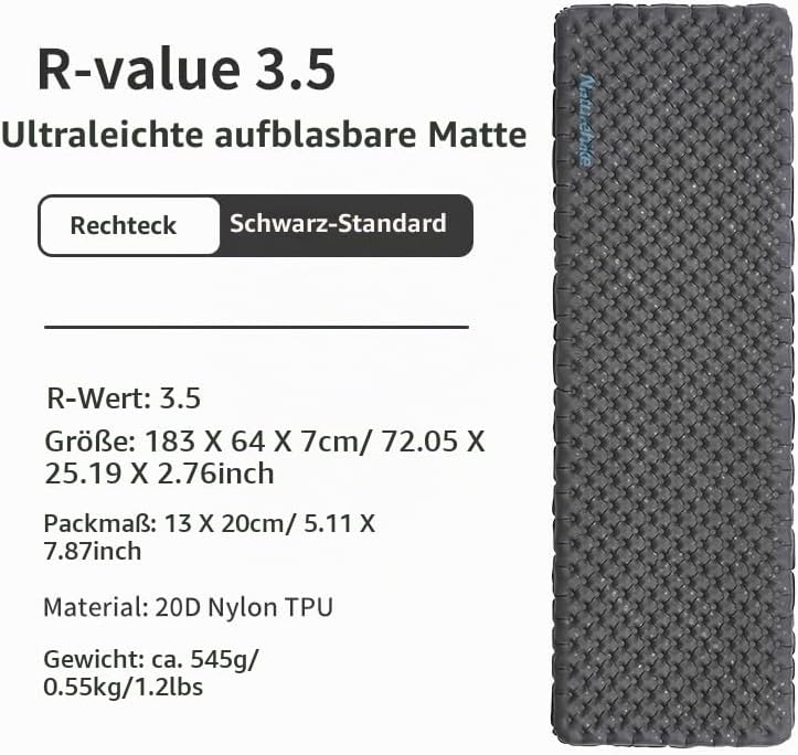 Naturehike Ultraleichte Selbstaufblasende Isomatte, Aufblasbare Campingmatte 3,5R, Langlebige, Tragb