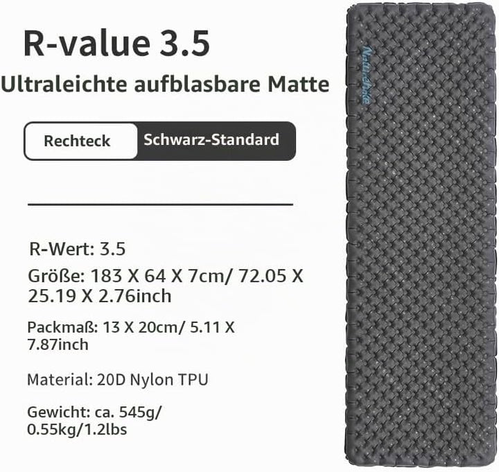 Naturehike Ultraleichte Selbstaufblasende Isomatte, Aufblasbare Campingmatte 3,5R, Langlebige, Tragb