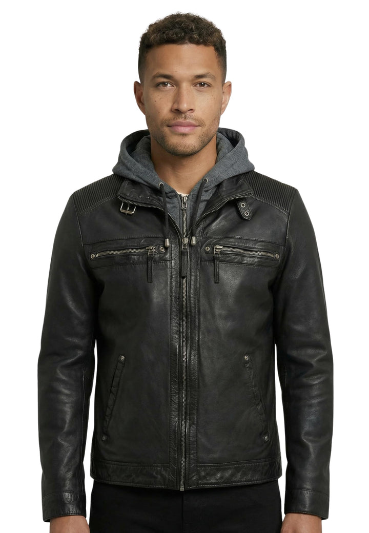 RICANO Nate – Herren Biker Lederjacke (Slim Fit) mit abtrennbarer Kapuze - echtes Lamm Leder S Schwa