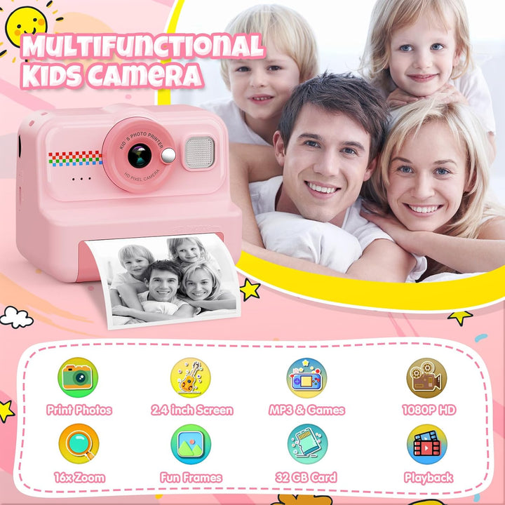 HiMont Kinderkamera Sofortbildkamera, 1080P Sofortbildkamera Kinder mit 32GB Karte & 3 Rollen Druckp