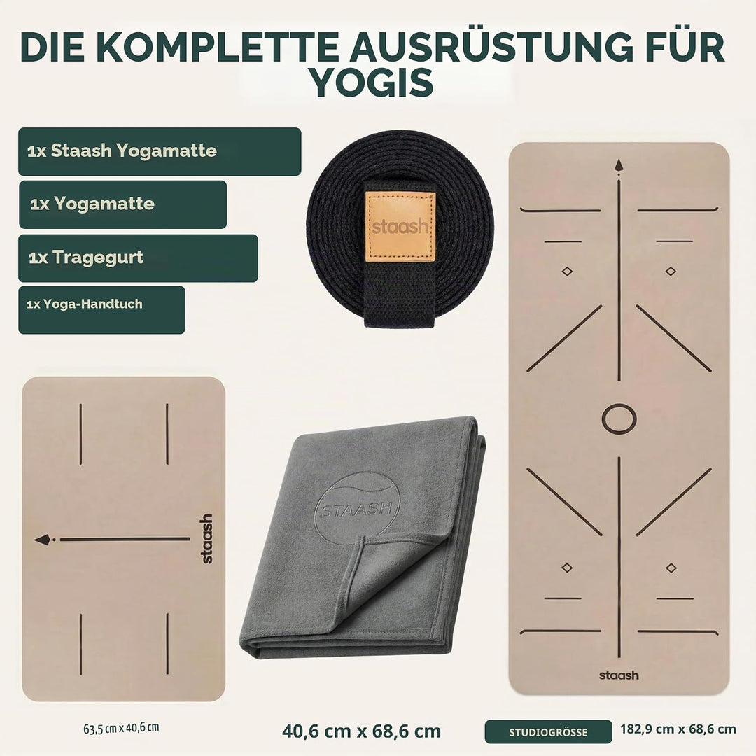 STAASH Premium Yogamatte Set – Rutschfest aus PU &amp; Naturkautschuk (4,5mm) – Inkl. Yoga Handtuch, Gur