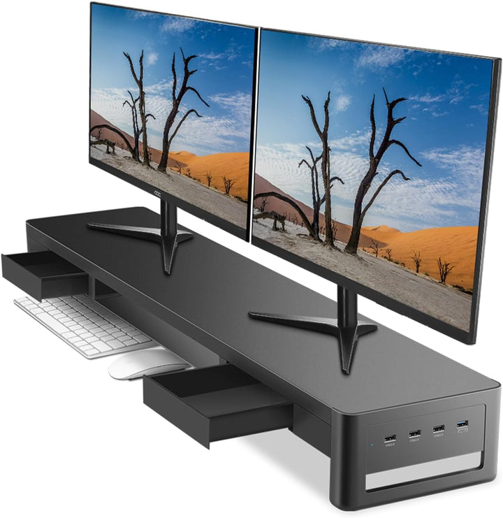 meatanty Dual-Monitorständer mit 2 Schubladen und 4 USB-Anschlüssen, Metall-Monitorständer für 2 Mon