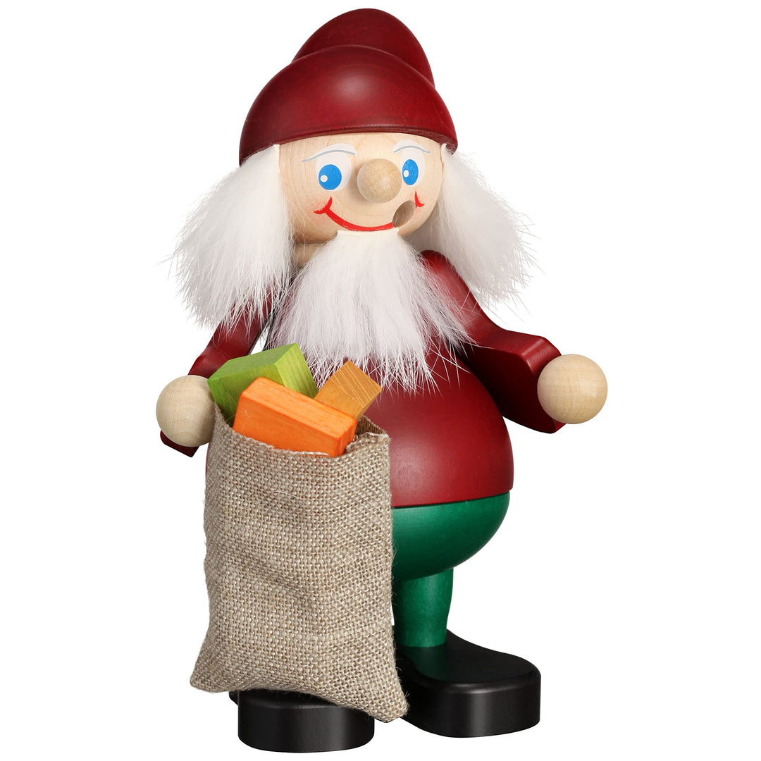 Seiffener Volkskunst - Räucherfigur - Räuchermann "Weihnachtsheinzel mit Sack" - Masse: 15x10x11 cm