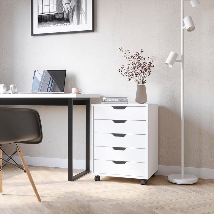 KOMTO Rollcontainer mit 5 Schubladen Weiss – Schubladenschrank, Büro Kommode, Rollschrank, Aktenschr