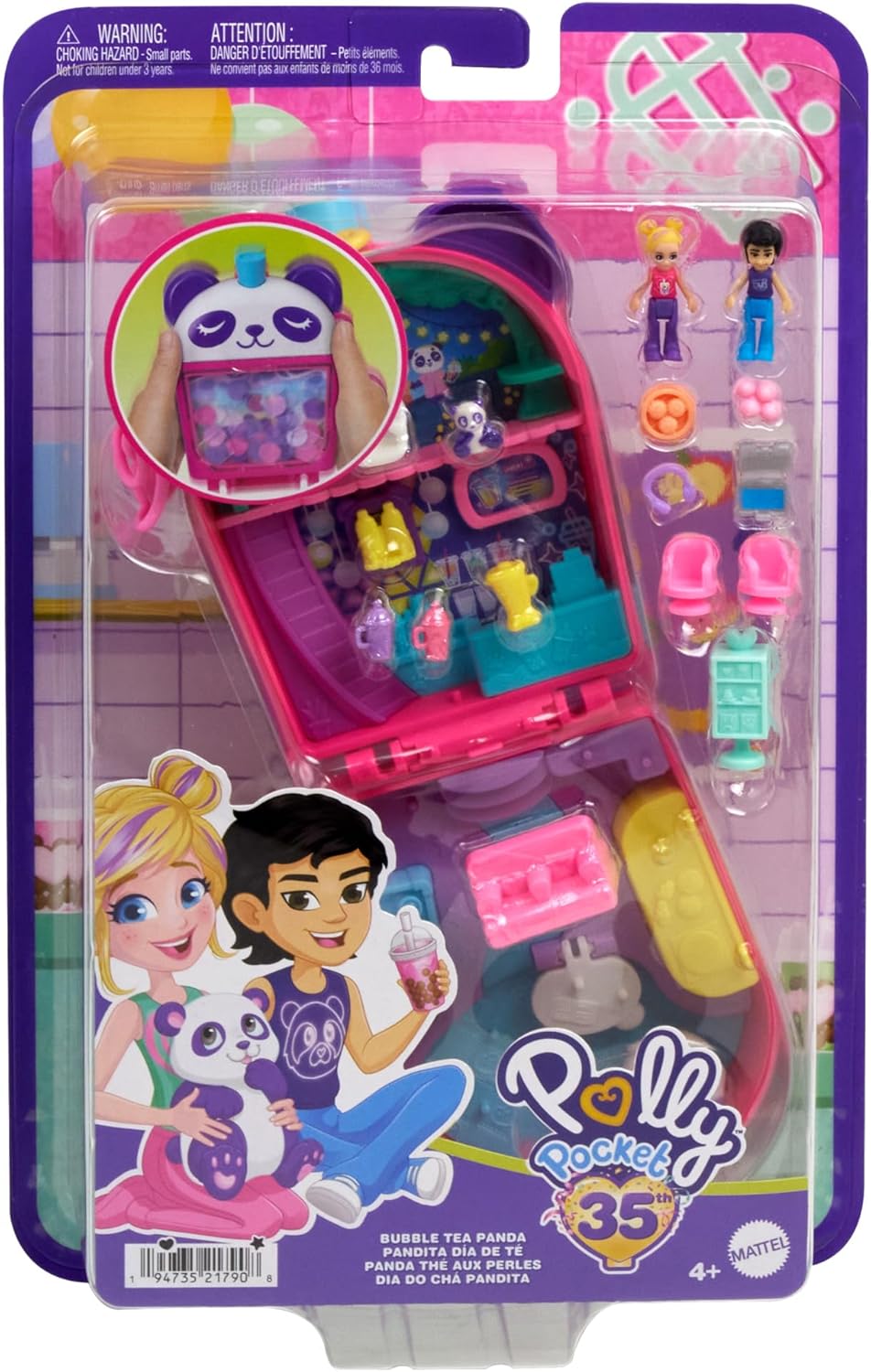 Polly Pocket-Puppen und Spielset, Bubble Tea-Pandaschatulle, tierisches Spielzeug mit 2 kleinen Pupp