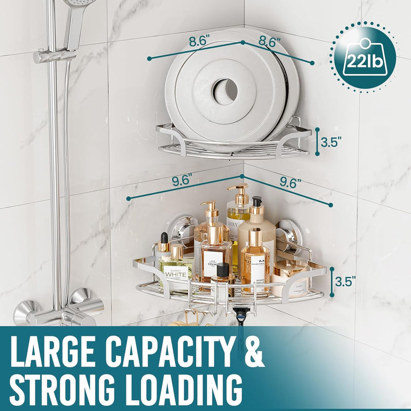 TAILI Duschablage Ohne Bohren,Einstellbar Ecke Dusche Caddy Saugnapf 2er Set Dusche Zubehör mit Hake