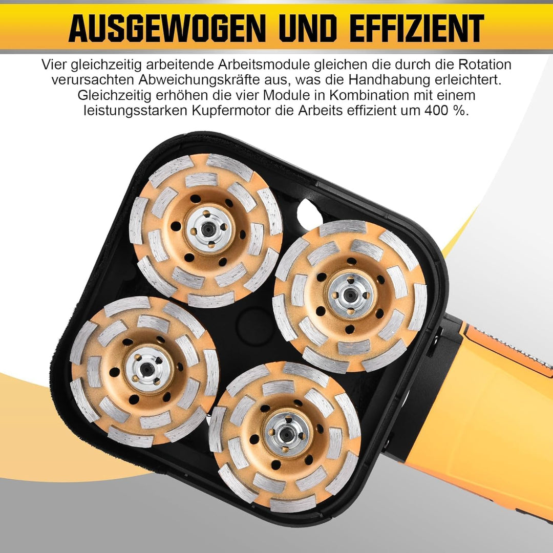 3800W Betonschleifer Betonfräse mit Langer Handgriff & Leistungsstarkem Motor | 4 x Schleiftopf | Ø1