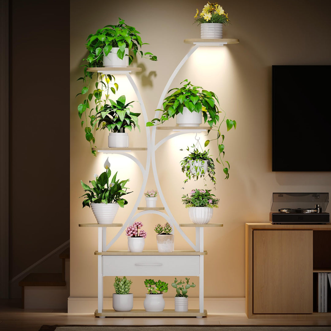 Hzuaneri Pflanzenständer mit Wachstumslicht, 9-Ebenen Blumenständer mit 4 R-G LED-Leuchten, Farbe un