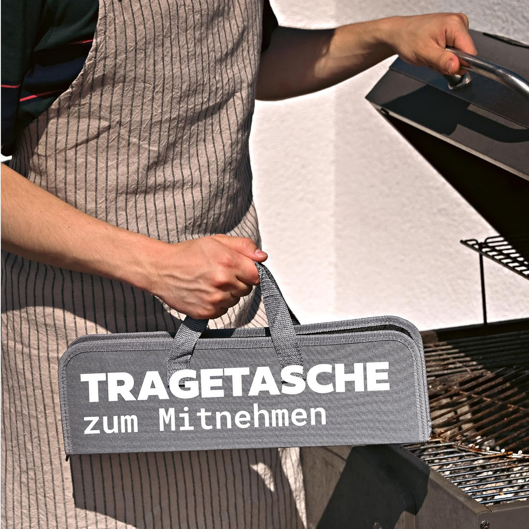 Praknu Grillbesteck Set mit Holzgriffen und Tragetasche - Hitzebeständig, Rostfrei und Robust - Gril