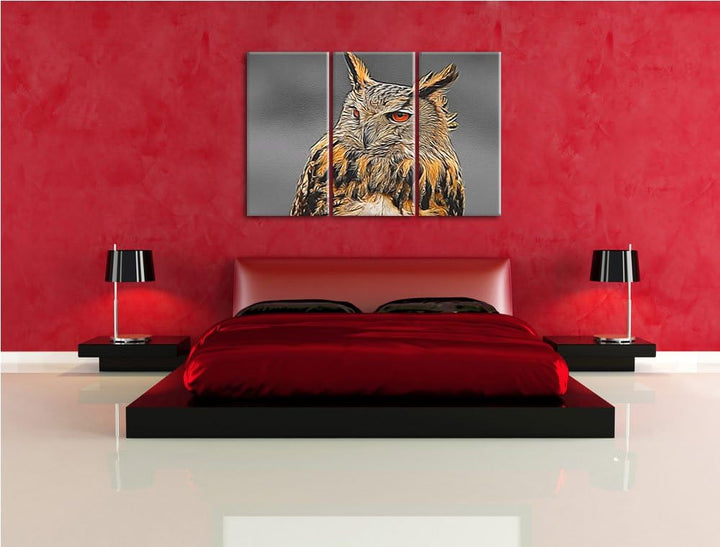 schöne stolze Waldohreule schwarz/weiss Deluxe 3-Teiler Leinwandbild 120x80 Bild auf Leinwand, XXL r