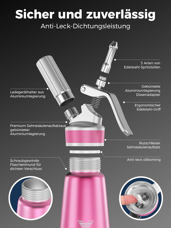 SimCoker Sahnespender 500ml, Aluminium Schlagsahnebereiter für Schlagsahne, Cremes und Sossen,Sahnes