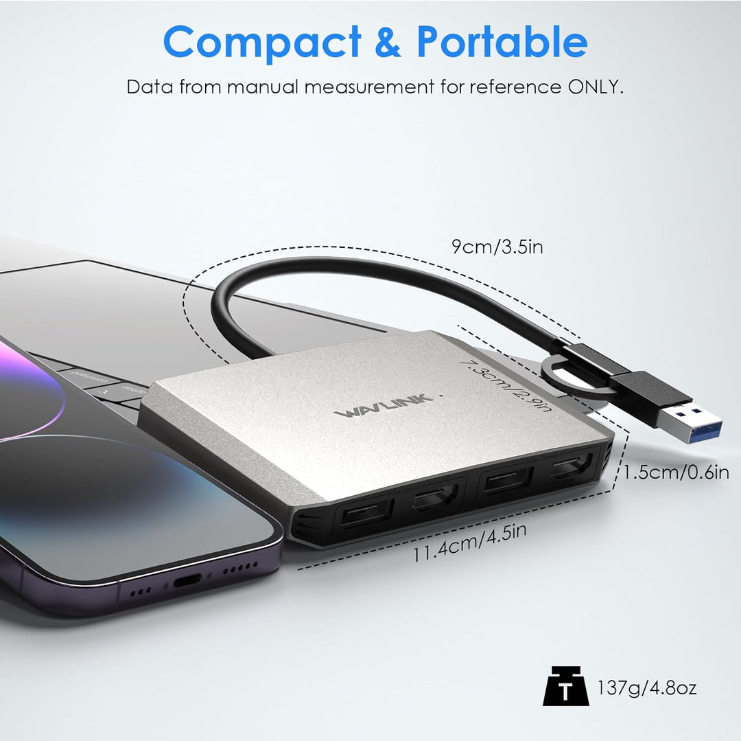 WAVLINK DisplayLink USB 3.0 or USB C to DisplayPort HDMI Adapter, Dual 5K/4K@60Hz 4IN1 Monitor Hub f