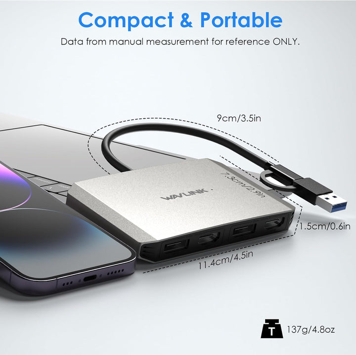 WAVLINK DisplayLink USB 3.0 or USB C to DisplayPort HDMI Adapter, Dual 5K/4K@60Hz 4IN1 Monitor Hub f