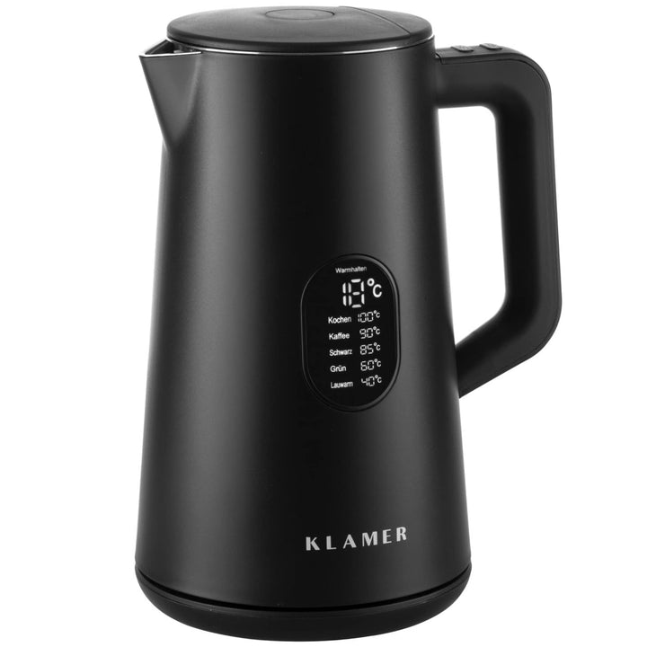 KLAMER Edelstahl Wasserkocher mit Temperatureinstellung 40-100°C, Warmhaltefunktion, mattschwarzes K
